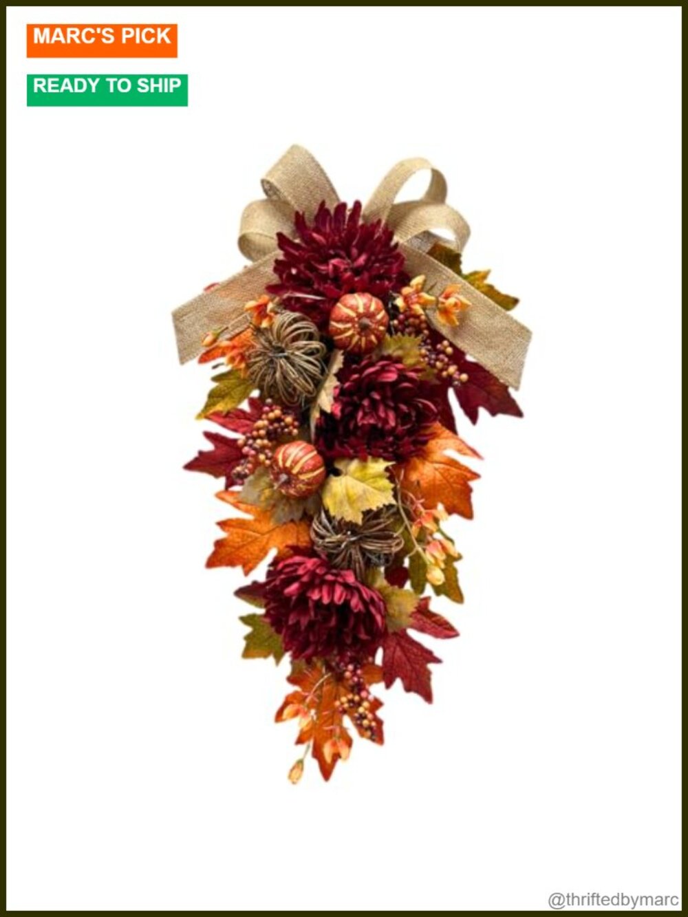24 Inch Lighted Fall Teardrop Swag Timer Burlap Bow Decor